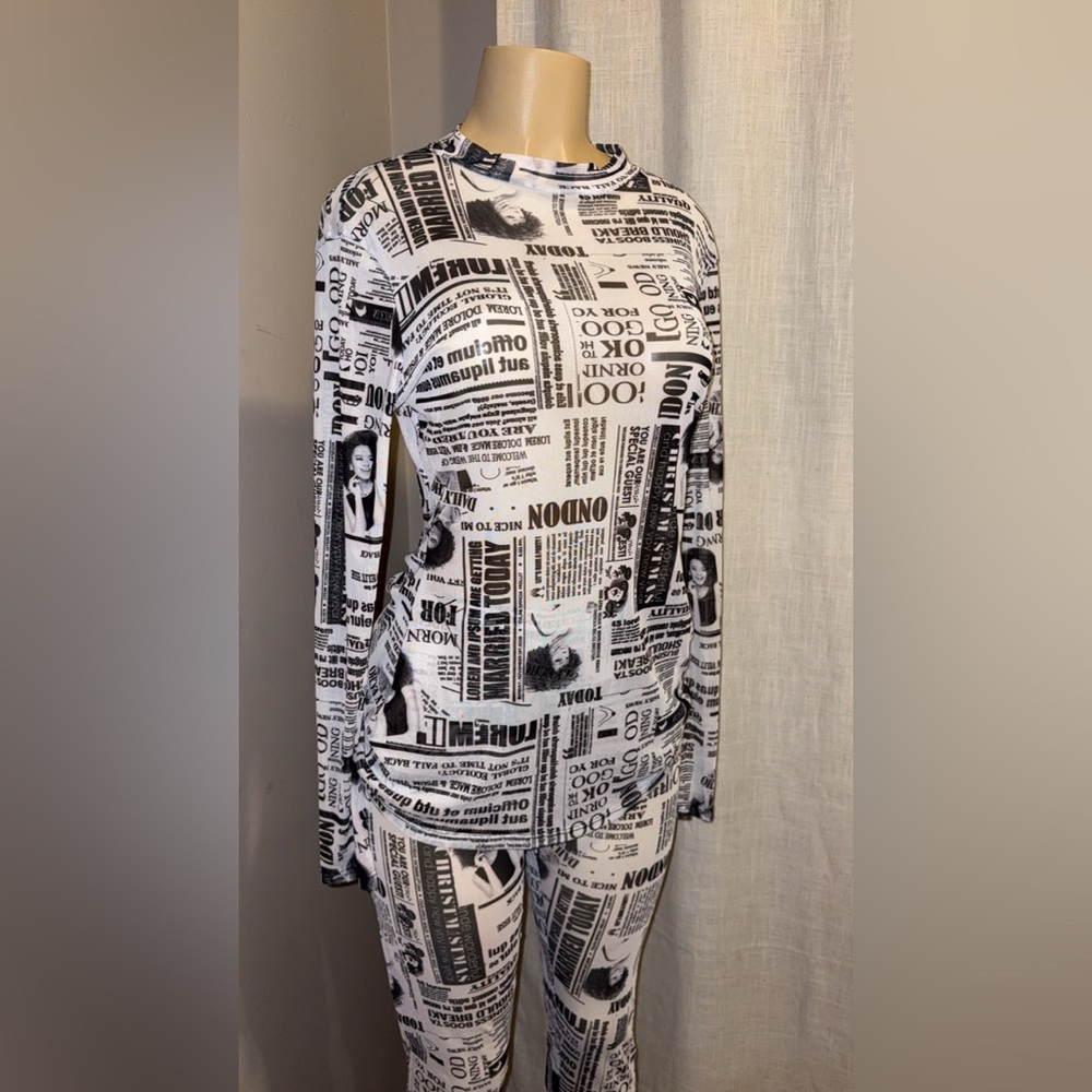 Mesh Black and White Newspaper Print Women's  2 Piece Set